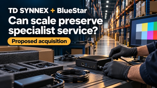Specialist signage device configuration in front of a warehouse aisle, with TD SYNNEX and BlueStar’s proposed acquisition identified.