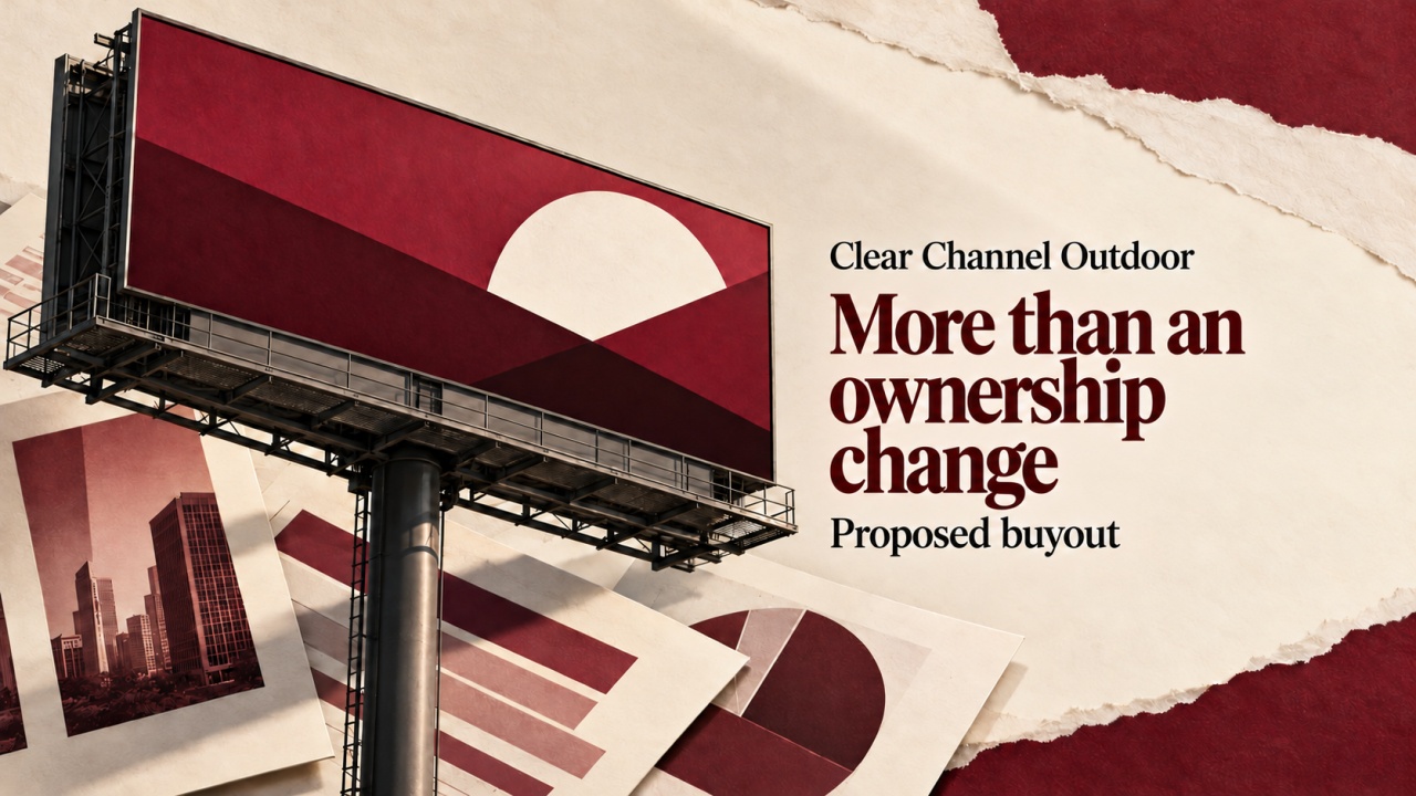 Conceptual outdoor billboard above layered papers, beside the words “Clear Channel Outdoor”, “More than an ownership change” and “Proposed buyout”.