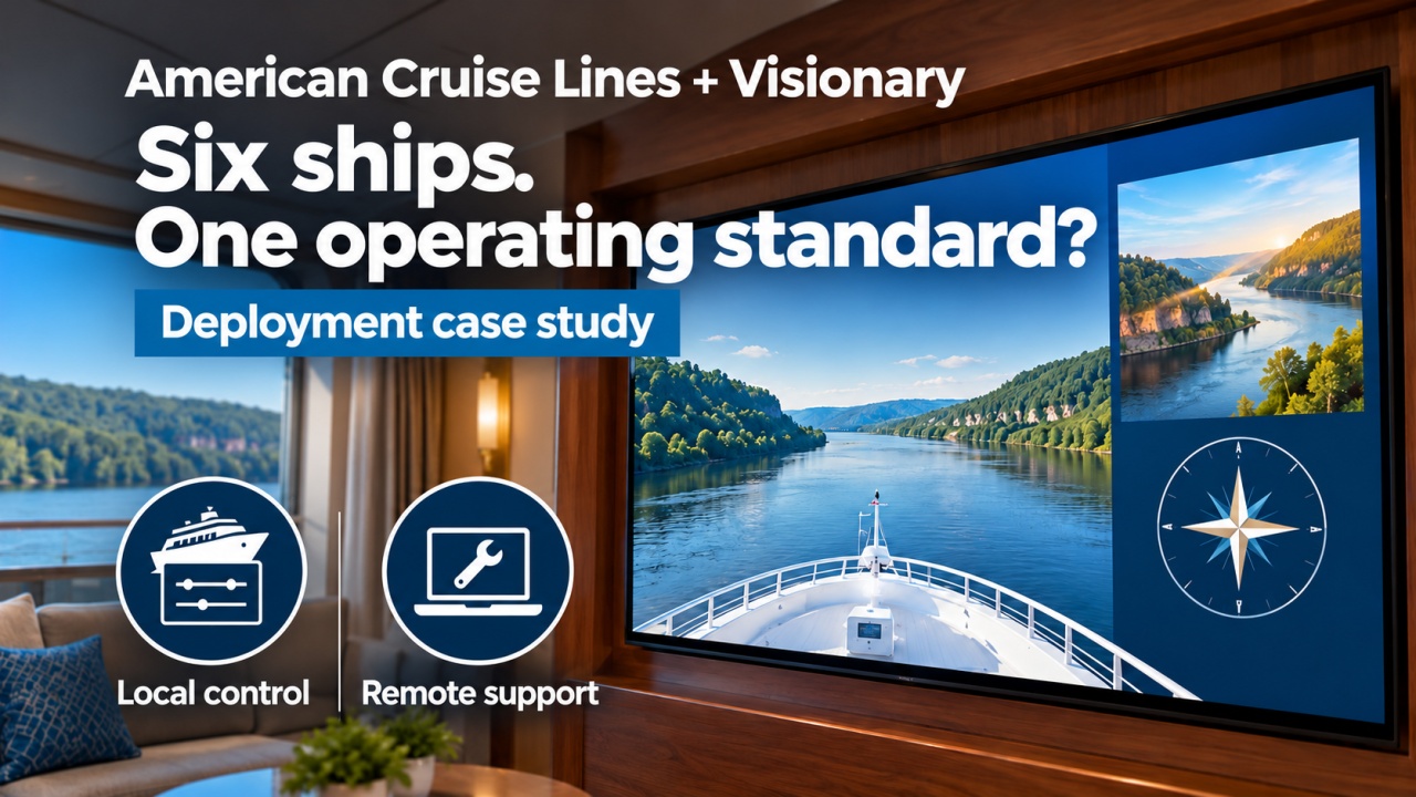 Conceptual shipboard television with local control and remote support symbols; the wording about six ships reflects earlier coverage, not the current fleet count.
