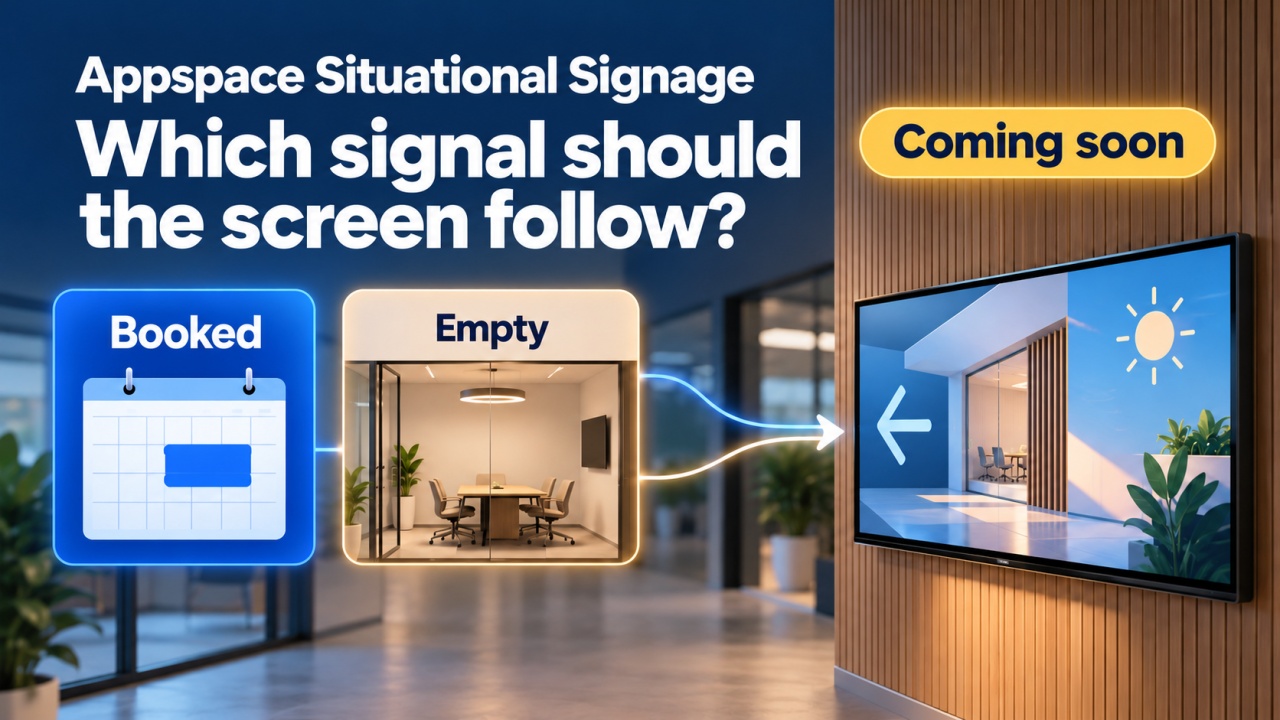 Concept illustration of booking and empty room signals feeding an active workplace display; Appspace Situational Signage is labeled Coming soon.