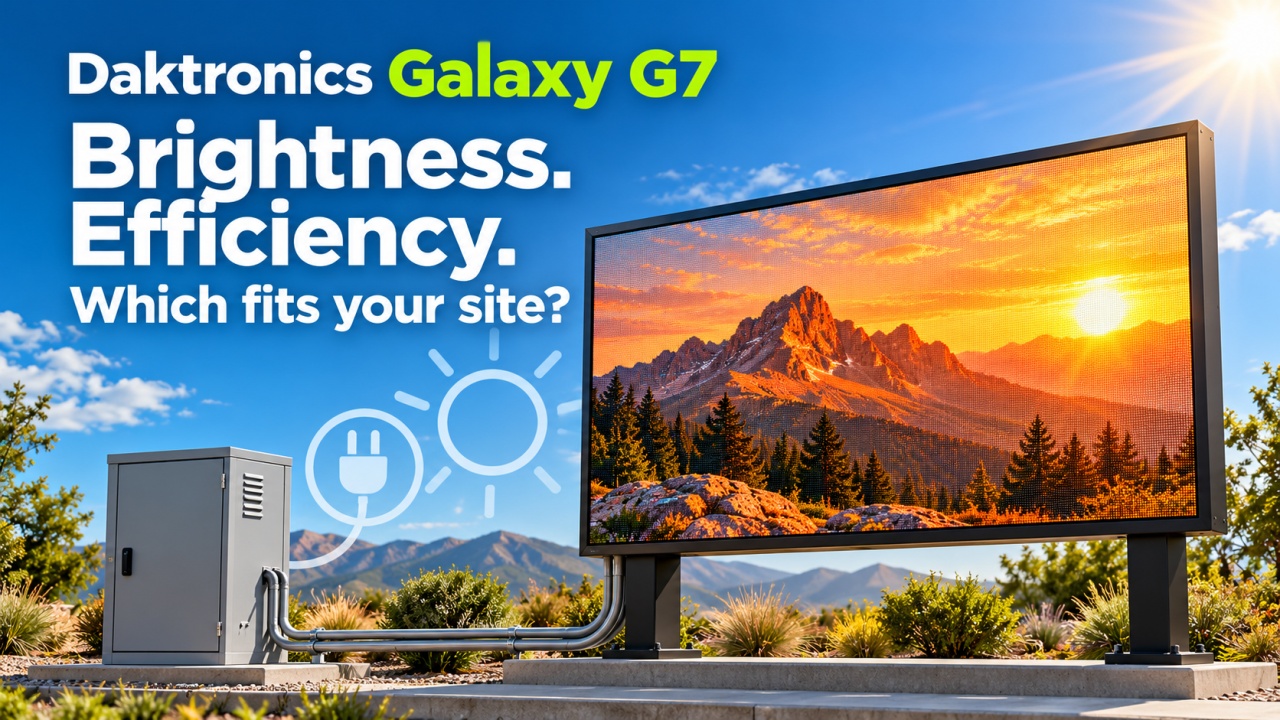 Outdoor LED sign in strong sunshine beside a closed electrical service cabinet, highlighting Galaxy G7’s site specific brightness and power considerations.