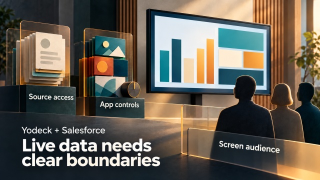 Conceptual record cards and media controls beside a business data screen and three viewers, with the words “Live data needs clear boundaries.”