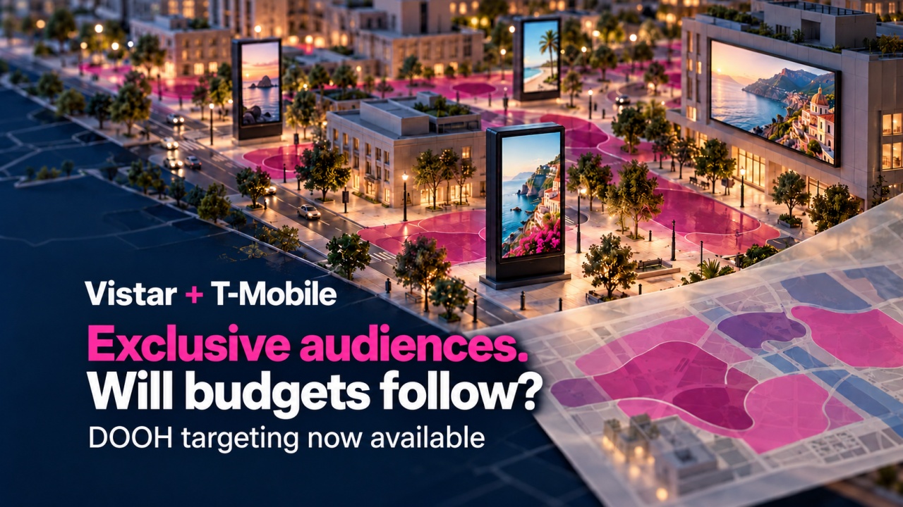 A miniature city with public advertising screens and translucent neighborhood planning layers, beside the words “Exclusive audiences. Will budgets follow?”