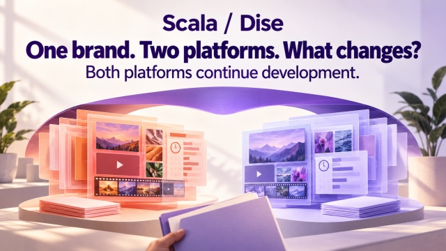 Two separate illustrated software content workspaces under one shared canopy, with Scala and Dise platform development continuity stated.