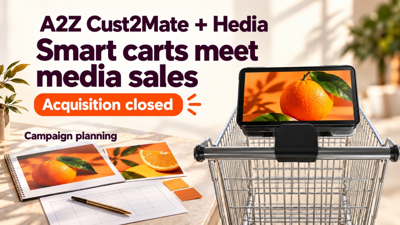 Reference informed Cust2Mate smart cart with a tablet above its handle, beside campaign planning materials; Hedia acquisition labeled closed.