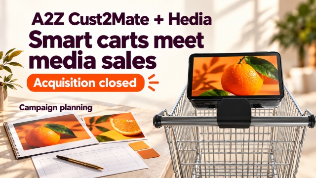 Reference informed Cust2Mate smart cart with a tablet above its handle, beside campaign planning materials; Hedia acquisition labeled closed.