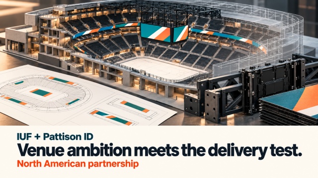 An arena planning model with LED ribbons is flanked by systems drawings and fabricated display frame components, above the words “Venue ambition meets the delivery test.”