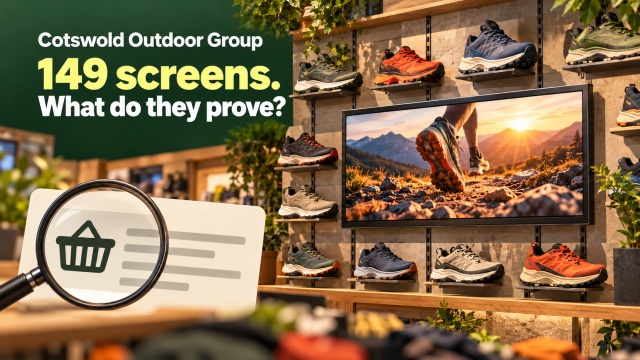 Outdoor footwear shelf display beside a separate magnified purchase record, asking what Cotswold Outdoor Group’s 149 screens prove.